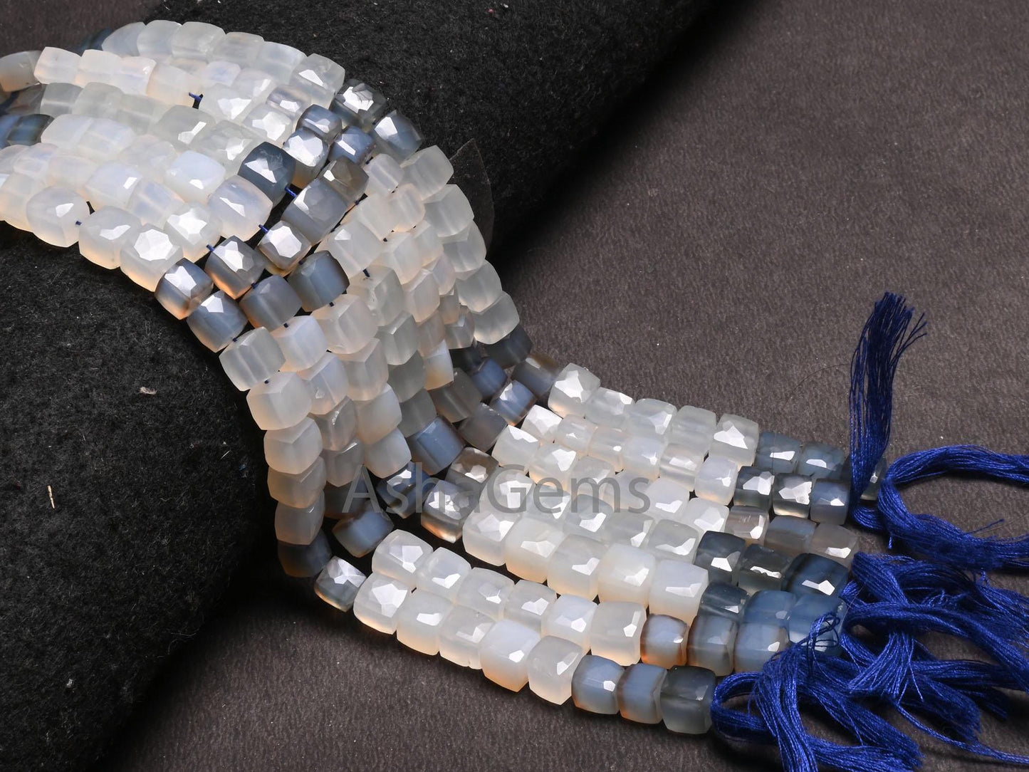 Fine Quality Shaded White Grey Chalcedony Faceted 3D Cube Box Gemstone Beads,8" Chalcedony Box Shape Indian Cut Chalcedony Bead Jewelry SALE