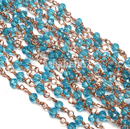 3,10,50 Feet Blue Topaz Hydro Faceted Rondelle Beads Rosary Chain Rose Gold Plated Copper Wire Wrapped Jewelry Making Chain Rosary Necklace