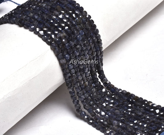 Beautiful Blue Iolite Faceted 3D Cube Box Faceted Gemstone Beads,13 Inch Strand,4mm, Natural Machine Cut Box Shape Bead Jewelry Making Craft