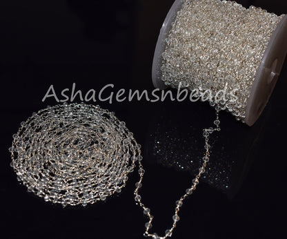 3,5,10,25 Feet,Crystal Quartz Hydro Rondelle Faceted Beads Rosary Chain,Silver Plated Wire,Jewelry Making Craft,Finding,3-3.5mm,Beaded Chain