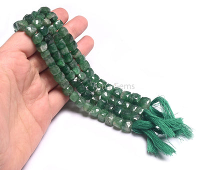 10" Strand Green Strawberry Quartz Faceted 3D Cube Box Shape Beads, Natural Green Strawberry Indian Cut Box Beads Jewelry Making Crafts SALE