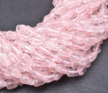 Pretty Pink Rose Quartz Smooth Drops Shape Beads, Natural Rose Quartz Teardrop,14"Strand Rose Quartz Straight Drill Drops handmade Bead SALE