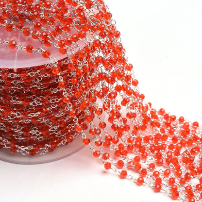 Beautiful Cherry Red Quartz Hydro Faceted Rondelle Beads Rosary Chain Silver Plated Wire Beaded Chain 1,5,10,50 Ft Bulk Supply Jewelry Chain