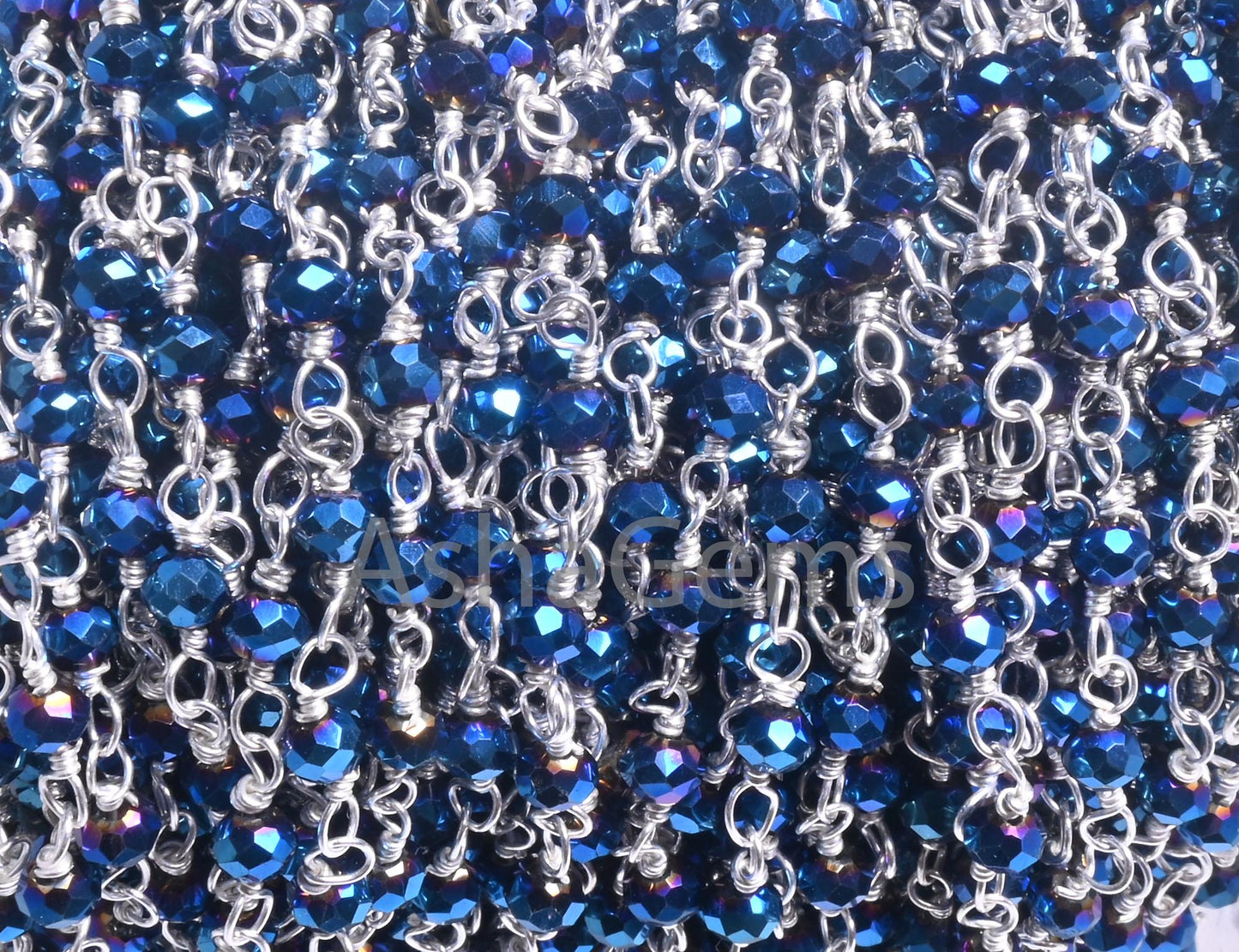 1,3,5,10,50 Feet,Blue Titanium Pyrite Hydro Faceted Rondelle Beaded Rosary Chain Silver Plated Wire,Jewelry Making Finding,Wire Chain 3.50mm