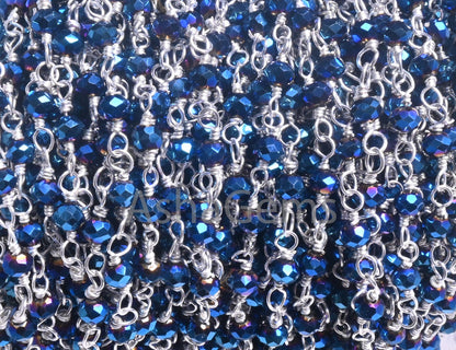 1,3,5,10,50 Feet,Blue Titanium Pyrite Hydro Faceted Rondelle Beaded Rosary Chain Silver Plated Wire,Jewelry Making Finding,Wire Chain 3.50mm