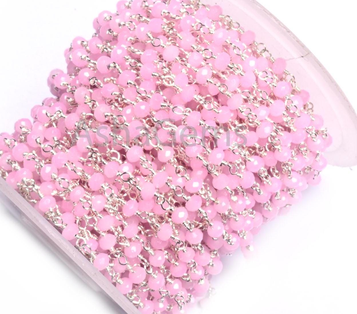 SALE Rosary Chain Silver, Gold, Black Plated Wire Wrap 3,10,25 Foot Pink Rose Quartz Hydro Faceted Bead Chain Jewelry Making Finding,3-3.5mm