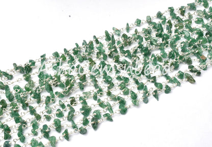 Natural Green Mica Uncut Beads Chain Rosary Silver Plated Wire Tiny Nugget Beaded Gemstone Chain For Jewelry Making Necklace handicraft SALE