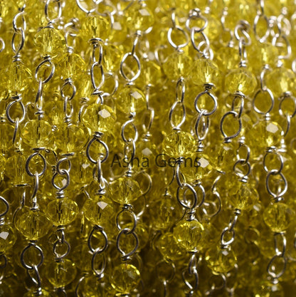 AAA Lemon Quartz Hydro Micro Cut Beads Rosary Chain,3mm Silver Plated wire Wrap Rondelle Beaded handmade Chain Jewelry making Necklace Craft