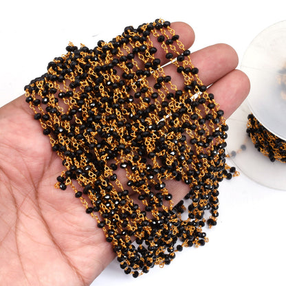3,5,10,25,50 Feet Roll Bulk, Gold Plated Wire,Faceted Rondelle, Black Spinel Hydro Rosary Chain, Jewelry Making Chain,Finding, Wire Wrapped