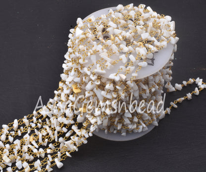 Natural White Opal Uncut Chip Beads Rosary Chain Gold Plated Wire Wrap Opal Gemstone Beaded Chain Handmade Rosary Necklace making Jewellrey