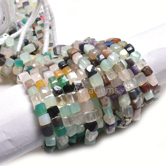 Beautiful Multi Color Stone Faceted Box Shape Beads,8" Mix Gemstone 3D Cube Box Indian Cut Beads Disco Box Center Drill Jewelry Making Craft