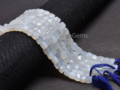 8" Strand White Chalcedony Faceted Cube Gemstone Beads, Natural Chalcedony Indian Cut 3D Cube Box Center Drill Bead Chalcedony Beads Jewelry