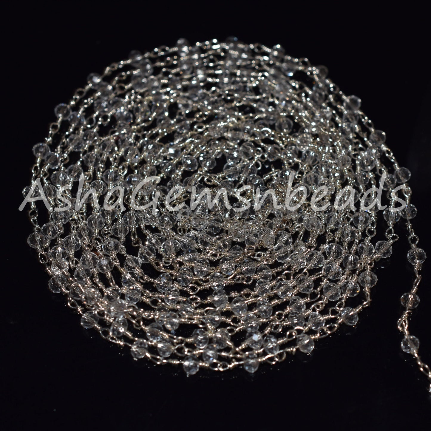 3,5,10,25 Feet,Crystal Quartz Hydro Rondelle Faceted Beads Rosary Chain,Silver Plated Wire,Jewelry Making Craft,Finding,3-3.5mm,Beaded Chain