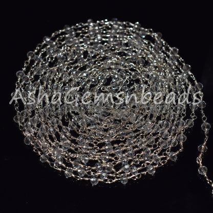 3,5,10,25 Feet,Crystal Quartz Hydro Rondelle Faceted Beads Rosary Chain,Silver Plated Wire,Jewelry Making Craft,Finding,3-3.5mm,Beaded Chain