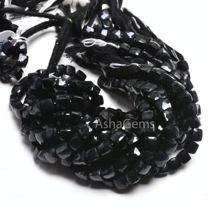 Fine Quality Black Onyx Faceted Cube Shape Gemstone Beads,8" Black Onyx 3D Cube Box Indian Cut Beads Onyx Center Drill Box Bead Jewelry SALE