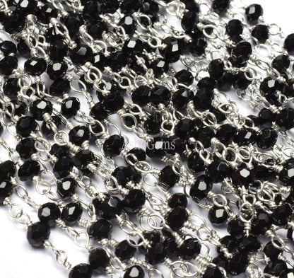 AAA Quality Black Onyx Hydro Micro Cut Rondelle Beads Rosary Chain 3mm, Silver Plated Wire Handmade Chain By Foot For Jewelry Necklace Craft