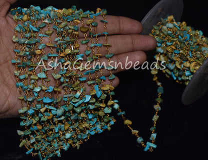 Natural Turquoise Uncut Chips Rosary Beaded Chain,Blue Turquoise Nugget Beads Rosary Chain,3,5,10 By Ft,Gold Plated Wire,Bulk Roll,Jewelry
