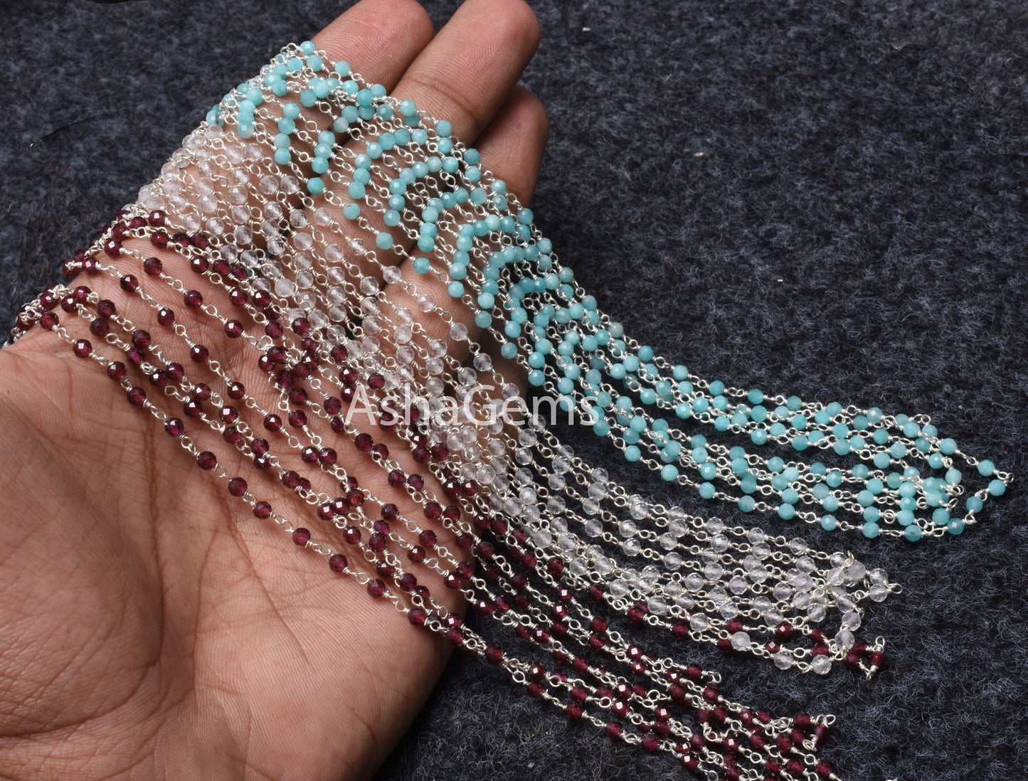92.5 Silver Rosary chain Wire Wrapped Natural garnet Crystal Amazonite Faceted Beads Chain Real Silver gemstone Beaded rosary chains Jewelry