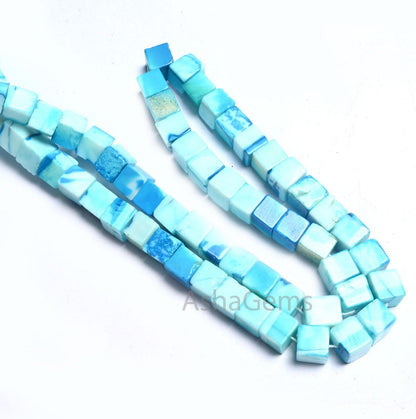 Beautiful Shaded Blue Opal Smooth Cube Box Shape Beads, Fine Quality Blue Opal Plain Handmade 3D Cube Gemstone Opal Beads Jewelry Craft SALE
