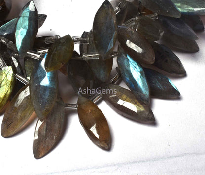 labradorite Faceted Marquise Shape Beads,6" Strand Labradorite Side Drill Beads, Natural Multi Fire Black Rainbow Marquise Briolette Beads
