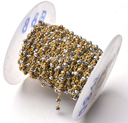 1,3,5,10 Ft, Silver Pyrite Hydro Faceted Rondelle Beaded Rosary Chain Gold Plated Wire Jewelry Making Finding,3-3.5mm Pyrite Hydro Chain
