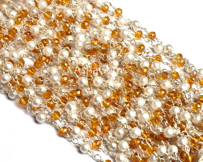 Beautiful White Pearl Brown Quartz Hydro Beads Rosary Chain,3mm Silver Plated Wire Wrap Beaded Handmade Rosary Chain Jewelry Handicraft SALE