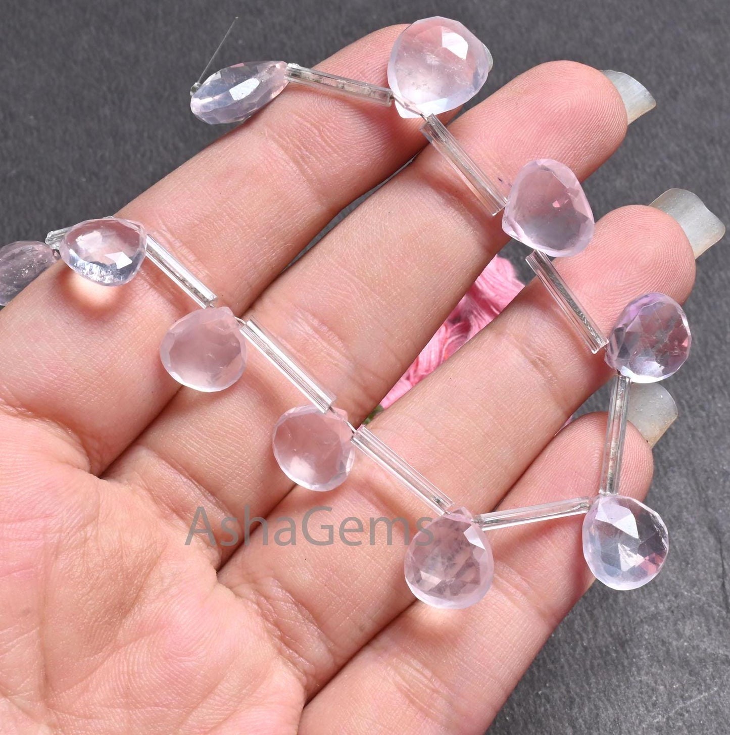 Natural Pink Rose Quartz Faceted Heart Shape Gemstone Beads,7"Strand Rose Quartz Heart Briolette beads, Rose Quartz Side Drill Beads Jewelry (AG 18654)