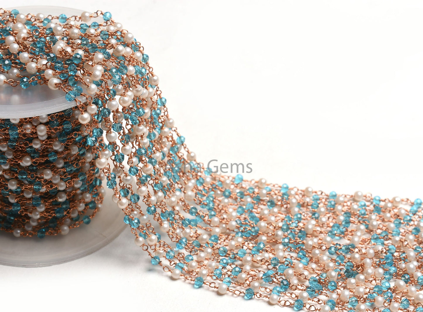 3,5,10,25,50Feet White Pearl, Blue Topaz Hydro Beads Rosary Chain Rondelle Beaded Rose Gold Plated Copper Wire Wrap Jewelry Making Chain 3mm