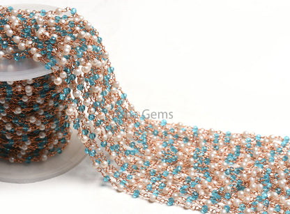 3,5,10,25,50Feet White Pearl, Blue Topaz Hydro Beads Rosary Chain Rondelle Beaded Rose Gold Plated Copper Wire Wrap Jewelry Making Chain 3mm