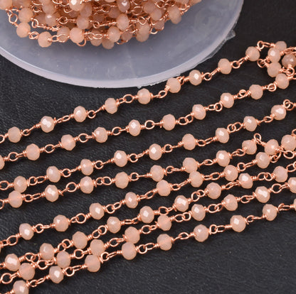 3,5,10,25 Ft,Peach Moonstone Hydro Faceted Rondelle Beaded Rosary Chain Rose Gold Plated,Jewelry Making,Finding,Wire Wrapped Chain,3-3.5 mm