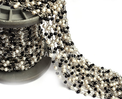3,5,10,25,50 Feet Pearl Black Onyx Hydro Beads Rosary Chain Silver Plated Chain Faceted Rondelle Beads Rosary Chain Jewelry Making Chain DIY