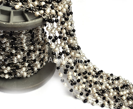 3,5,10,25,50 Feet Pearl Black Onyx Hydro Beads Rosary Chain Silver Plated Chain Faceted Rondelle Beads Rosary Chain Jewelry Making Chain DIY