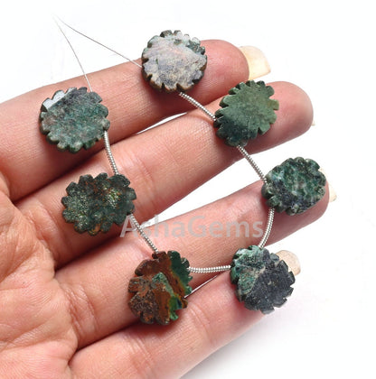 Natural Green Agate Jasper Flat Rough Slice Carving Handmade Beads, Jasper Uneven Raw Polish Gemstone Carve Side Drill Beads Jewelry Crafts
