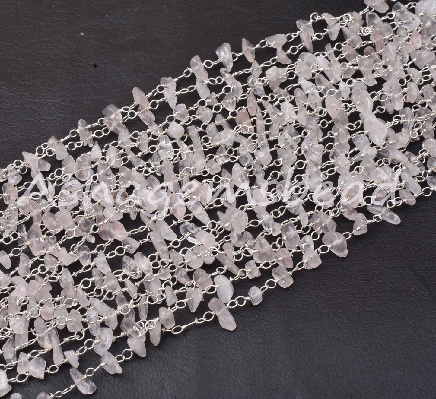 3,5,10 Feet Natural Rose Quartz Uncut Uncut Rosary Chain, Pink rose Quartz Smooth Beads Chain, Silver Plated Chain, Finding, Wholesale Chain