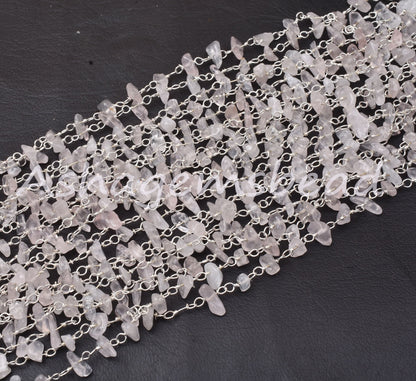 3,5,10 Feet Natural Rose Quartz Uncut Uncut Rosary Chain, Pink rose Quartz Smooth Beads Chain, Silver Plated Chain, Finding, Wholesale Chain