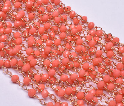 3 mm Beautiful Orange Coral Hydro Micro Cut Beads Rosary Chain Rose gold plated copper Wire Wrap handmade Beaded Rondelle Chain Rosary Craft
