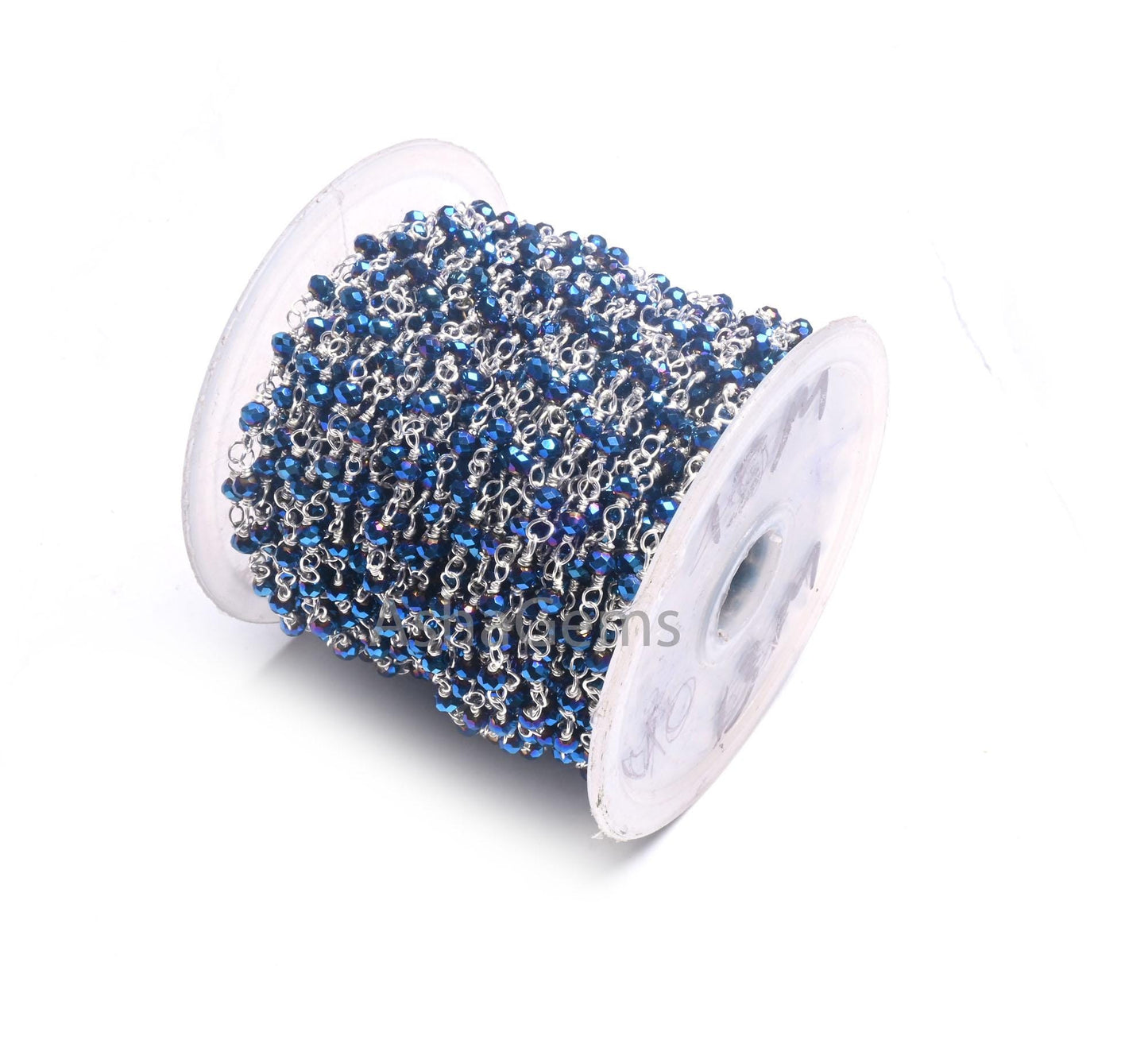 1,3,5,10,50 Feet,Blue Titanium Pyrite Hydro Faceted Rondelle Beaded Rosary Chain Silver Plated Wire,Jewelry Making Finding,Wire Chain 3.50mm