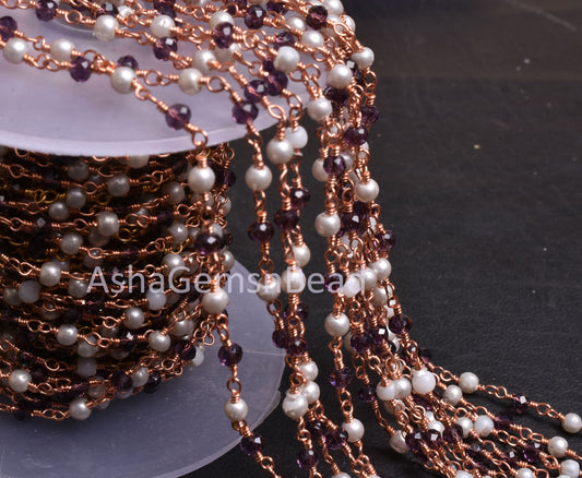 Beautiful White Pearl Garnet Hydro Faceted Rondelle Beads Rosary Chain Rose Gold Plated Copper Wire Wrap Chain SALE Jewelry making Craft 3mm