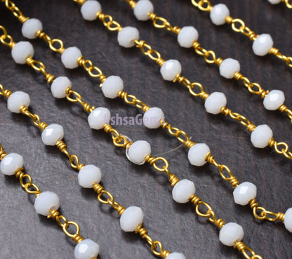 Beautiful White Agate Hydro Rondelle Faceted Beads Rosary Chain,3-3.5 mm Gold Plated Wire Wrap Beaded handmade Chain Rosary Jewelry Necklace