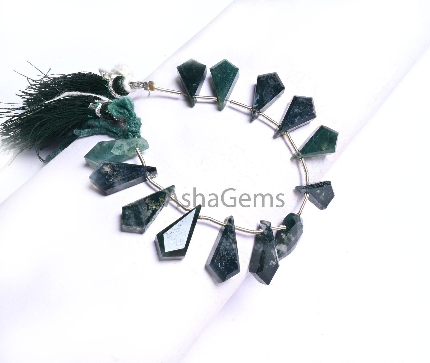Natural Moss Green Agate fancy Long + 1 Piece D Shape faceted Beads, Rare Moss Agate Fancy Briolette Side Drill Gemstone Agate Beads Jewelry(AG 18610)