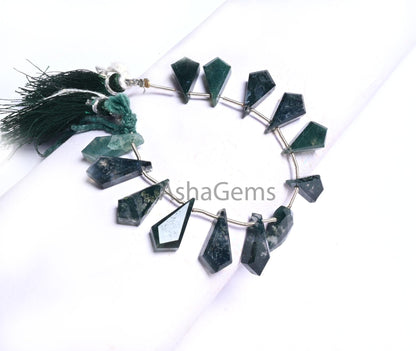Natural Moss Green Agate fancy Long + 1 Piece D Shape faceted Beads, Rare Moss Agate Fancy Briolette Side Drill Gemstone Agate Beads Jewelry(AG 18610)