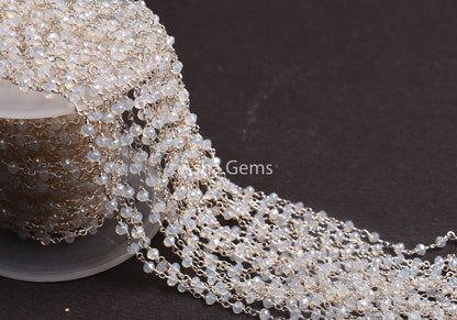 3,5,10,25 Feet Roll Bulk, Rainbow Moonstone Hydro Silver Coated  Rondelle Faceted Rosary Chain, Silver Plated Wire Bulk Chain Jewelry Making