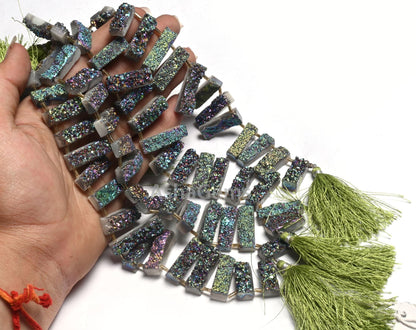 Beautiful Green Mystic Coated Druzy Fancy Long Slice Beads, Druzy Beads,8" Green Coated Drusy Fancy 7 Shape Gemstone Bead Jewelry Craft SALE