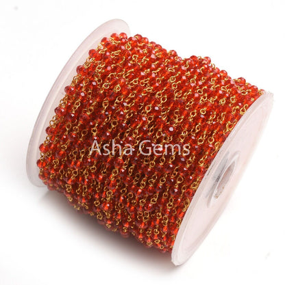 3,5,10,25 Feet Red Quartz Hydro Faceted Rondelle Beaded Rosary Chain gold Plated Wire Red Crystal Jewelry Making Finding 3 mm Crafts Chain