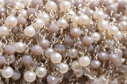 Pearl Grey Moonstone Hydro Beads Rosary Chain 3mm Faceted Rondelle Beads Silver Plated Wire Wrapped Chains Jewelry Making Finding Chain SALE