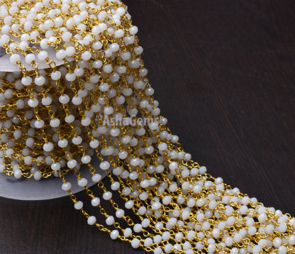 Beautiful White Agate Hydro Rondelle Faceted Beads Rosary Chain,3-3.5 mm Gold Plated Wire Wrap Beaded handmade Chain Rosary Jewelry Necklace