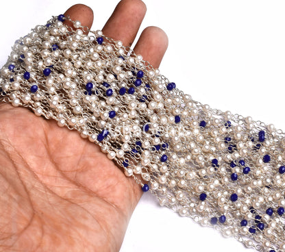 Beautiful Pearl Lapis Hydro Beads Rosary Chain,1,10, 50 Foot Bulk Roll Silver Wire Wrapped Beaded Multi Color Chain Necklace Jewelry Makings