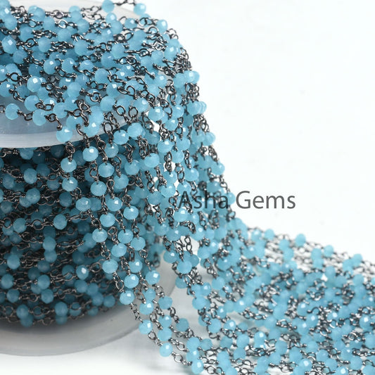 Beautiful Milky Aqua Blue Chalcedony Hydro Rondelle Beads Rosary Chain Black Plated Gunmetal Wire Wrap Micro Cut Beaded Chain Jewelry Crafts