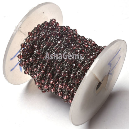 SALE 3,5,10,25 Ft Rhodolite Garnet Hydro Faceted Rondelle Beaded Rosary Chain Black Plated Wire,Jewelry Making Finding, Chain 3-3.5mm