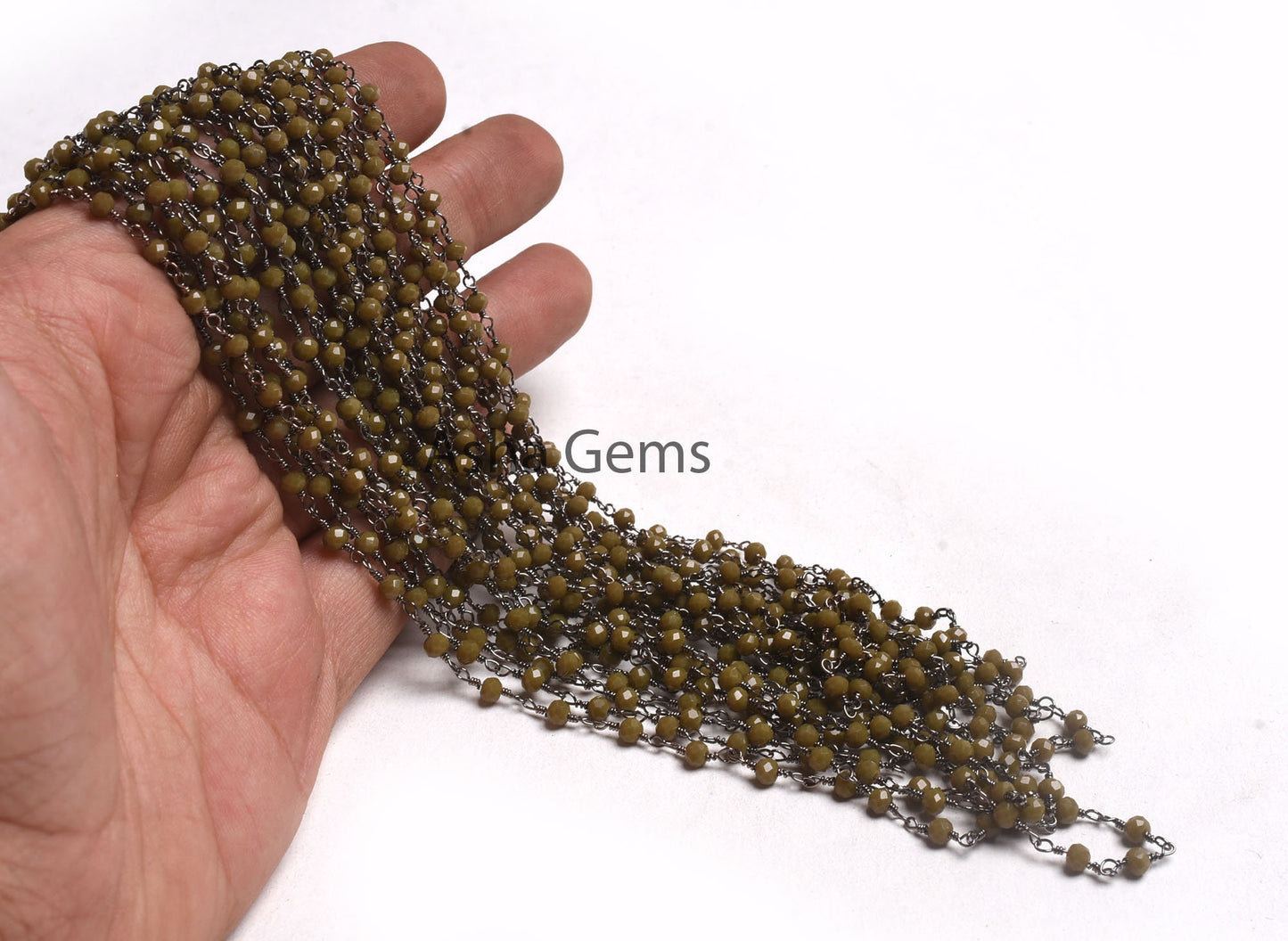 3,10,50 feet Hina Green Jaspar Hydro Rondelle Faceted Beads Rosary Chain Black Wire Jewelry Making Gunmetal Chain 3-3.5 mm Bulk Roll Chains